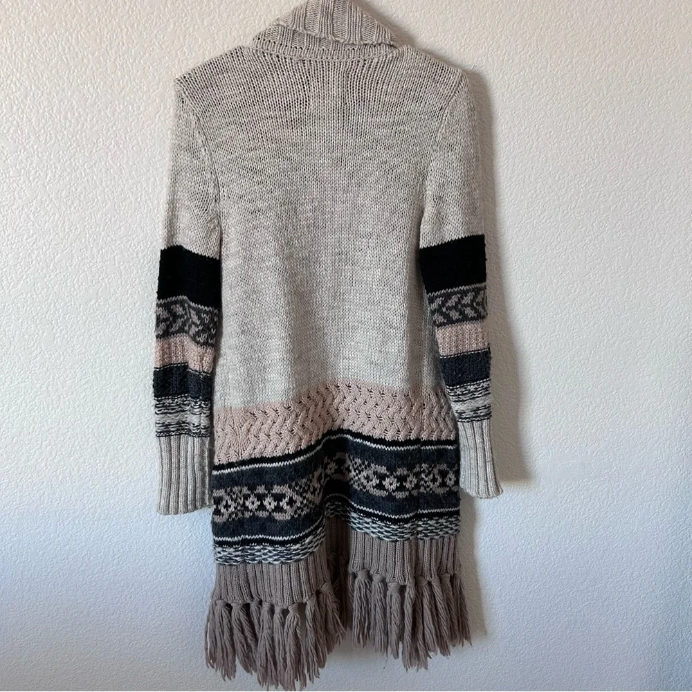 American Eagle Outfitters Beige Boho Fringe Patterned Long Cardigan